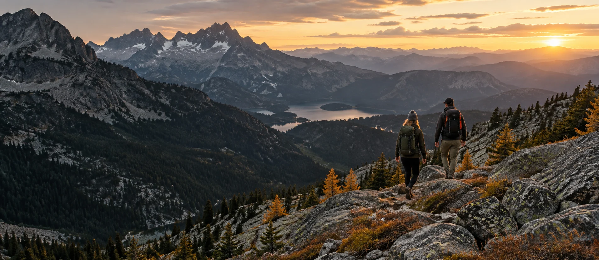 A woman and a man hiking a rugged mountain ridge at dawn